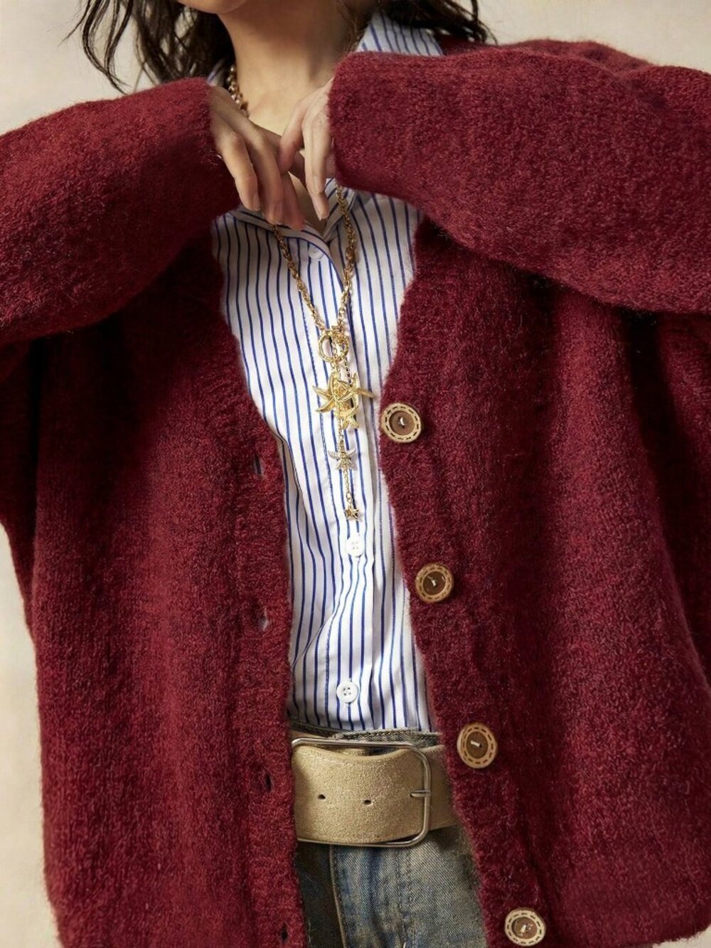 Burgundy Casual Women's Loose Front Button Long Sleeve Knit Cardigan - Picture 5 of 8